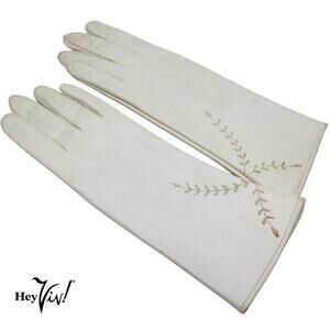 Vintage Ivory Max Mayer Embroidered Fashion Gloves Vinyl and Rayon Sz M -Hey Viv